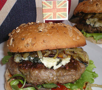jubliee burgers with caramalised onions and chilli jam