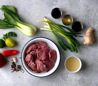 raw ingredients for cooking pork cheeks with ginger 