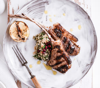 mutton tomahawk with tabbouleh cooked