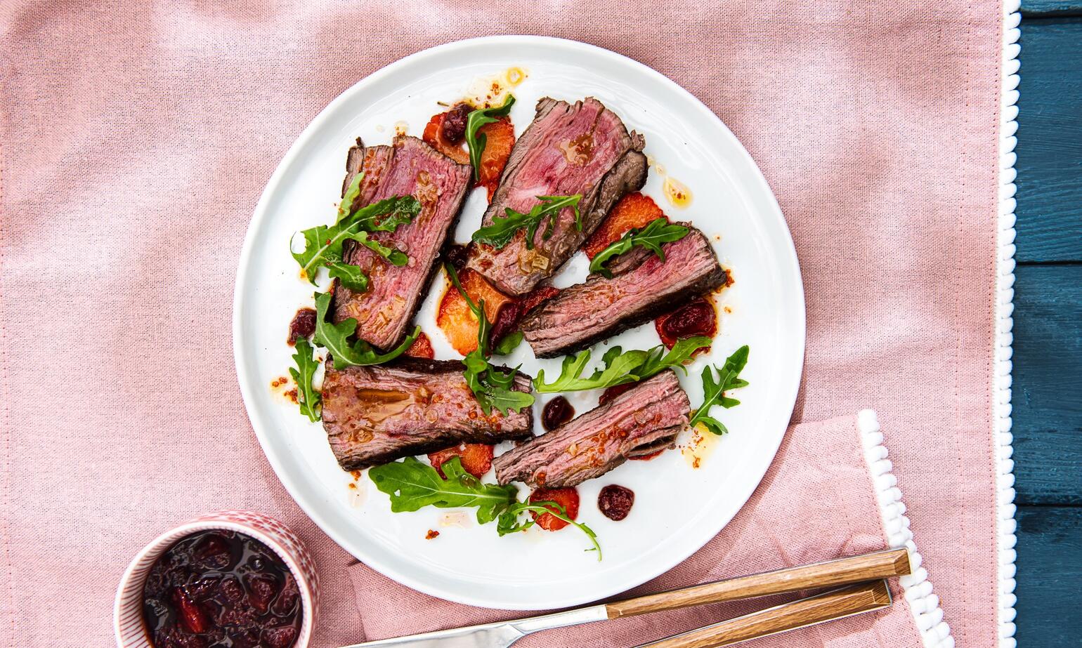 aleppo peppered strawberry relish on grilled steak 