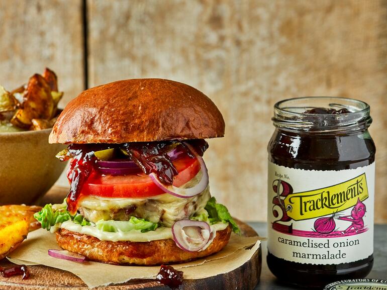 cooked tracklements caramelised onion marmalade burger