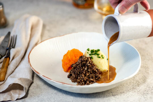 haggis, neeps & tatties with whisky sauce cooked