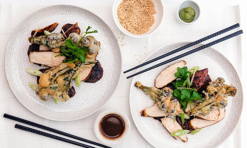 cooked miso chicken breast, broccoli tempura & soy