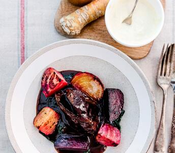 cooked ox cheek with roast beetroot & horseradish