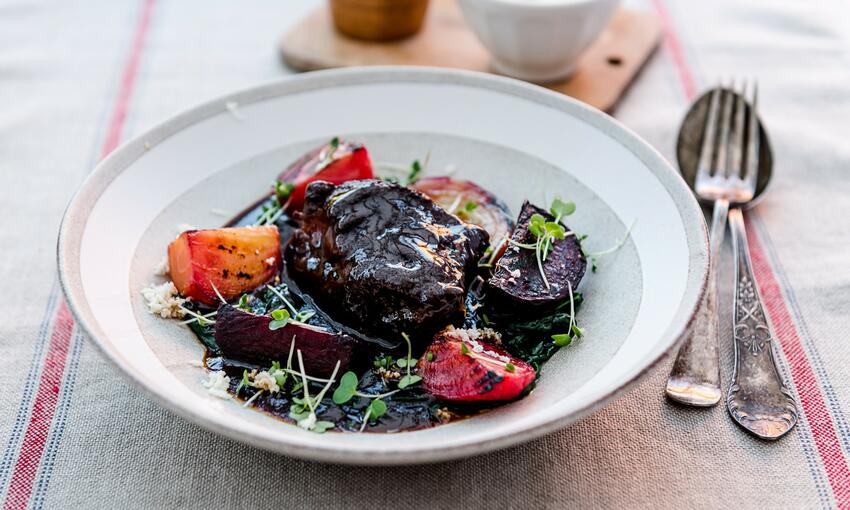 cooked ox cheek with roast beetroot & horseradish