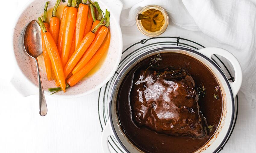 cooked beef featherblade in red wine