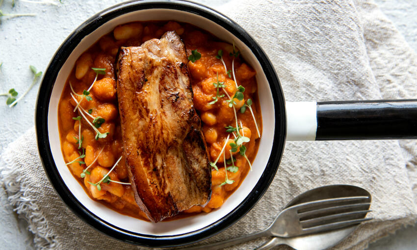 sweet cured belly pork steaks & baked beans cooked