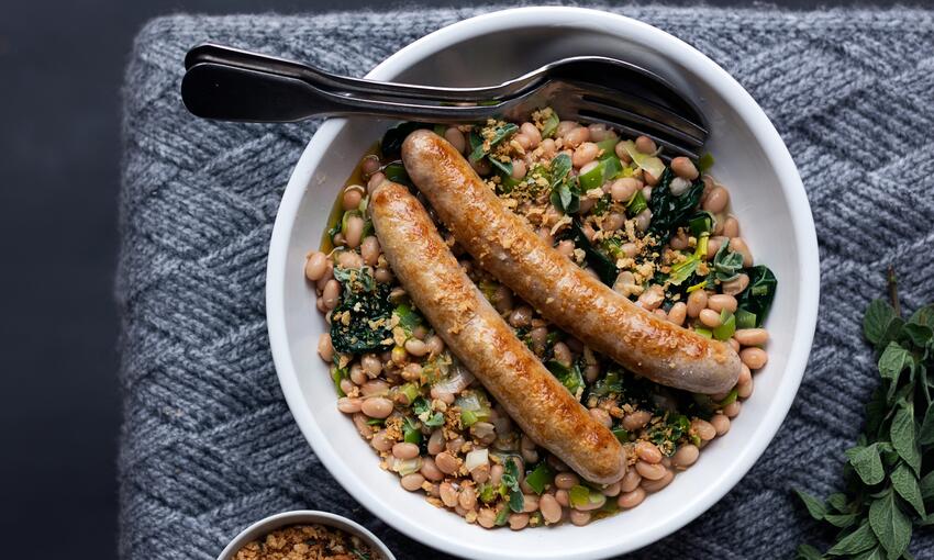 cooked chicken sausage and leek 'cassoulet'