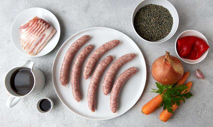 sausages, puy lentils and sweet peppers recipe ingredients
