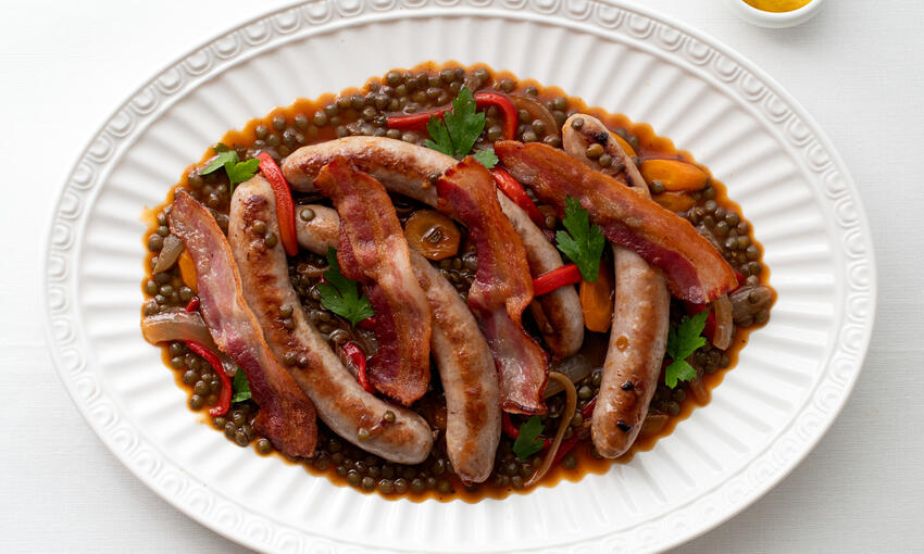sausages, puy lentils and sweet peppers cooked