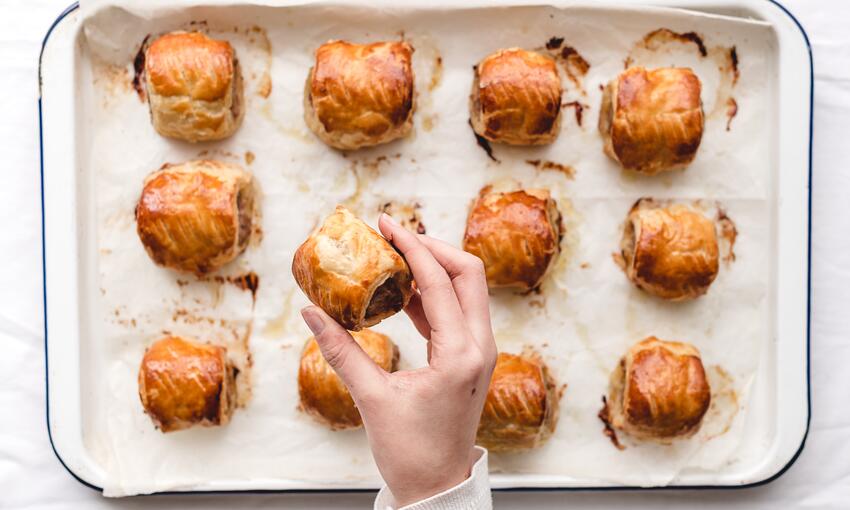 cheddar and onion marmalade sausage rolls cooked