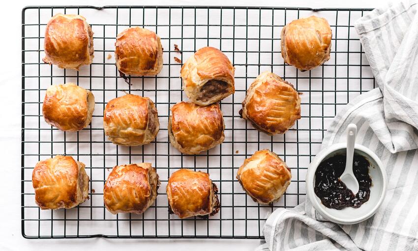 cheddar and onion marmalade sausage rolls cooked