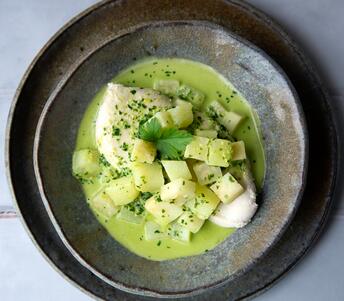 poached chicken with wild garlic and celeriac cooked