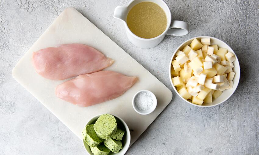 poached chicken with wild garlic and celeriac recipe ingredients