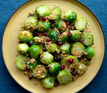 charred sprouts, pomegranate, brioche & brazil nut crumb cooked