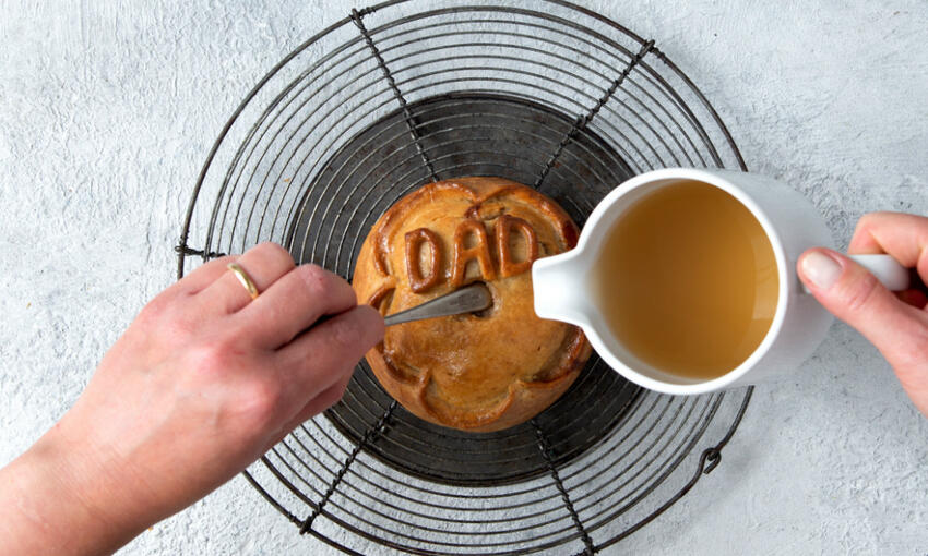 dad pork pie cooked and stock jelly