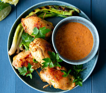 chicken skewers, thai spices & peanut dipping sauce cooked