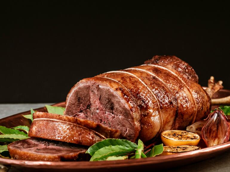 stuffed goose with dark fruits, smoked pancetta & juniper cooked